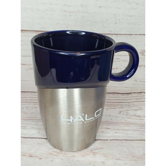 Rare Halo Branded Solutions Leeds ASI Silver Metal Half Glass Blue Mug 66887 - Picture 6 of 11